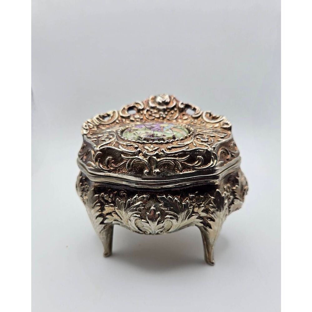 Vintage 1950's Italian Silver Rose Footed Jewelry Casket Jewelry Box Trinket Box